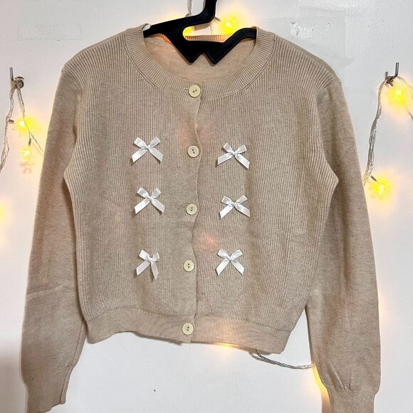 Boutique Sweaters - Beige Cardigan White Bow Detail Cute Coquette
